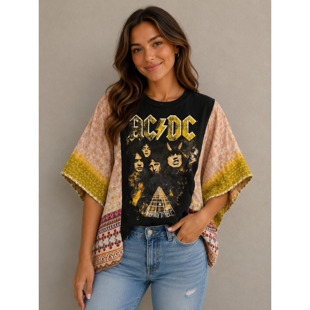 AC/DC Highway Upcycled Kantha Quilt Patchwork Graphic T-Shirt Kimono Top O/S